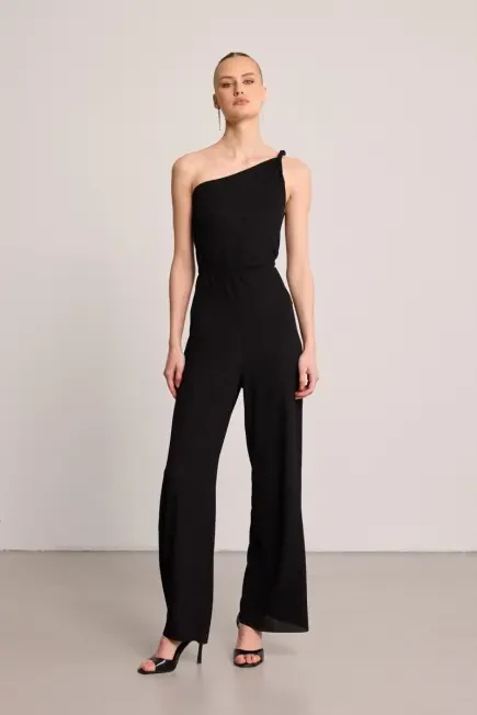 One-Shoulder Glitter Jumpsuit - Black Black