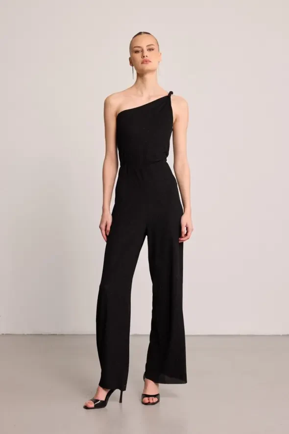One-Shoulder Glitter Jumpsuit - Black - 1