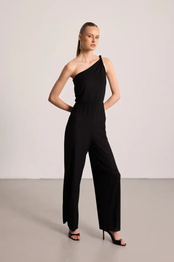 One-Shoulder Glitter Jumpsuit - Black - 2