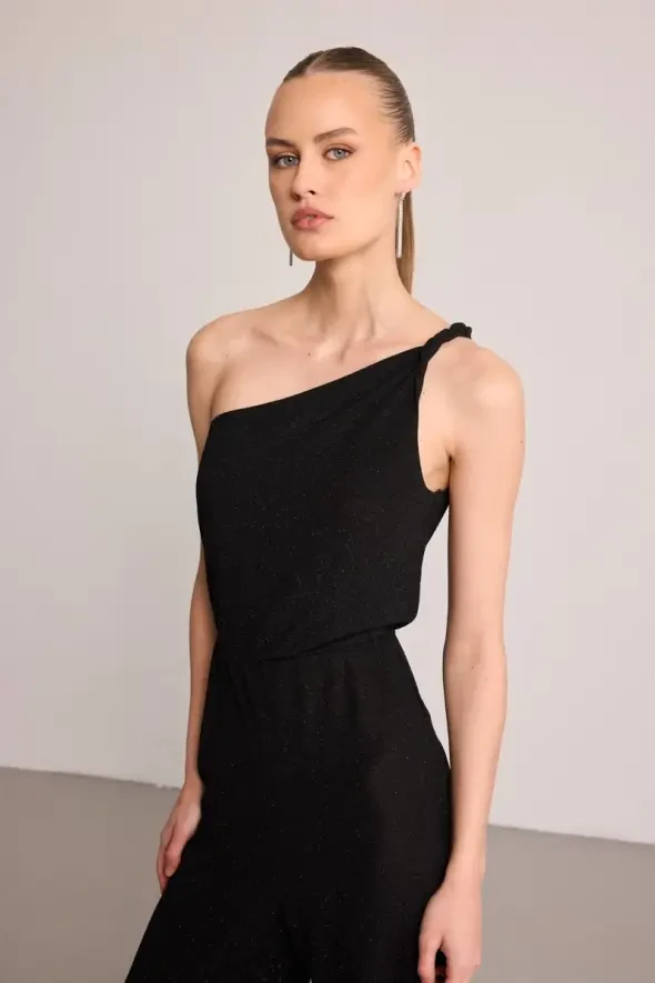 One-Shoulder Glitter Jumpsuit - Black - 3
