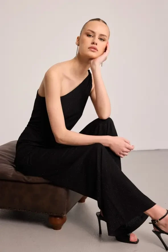 One-Shoulder Glitter Jumpsuit - Black - 4