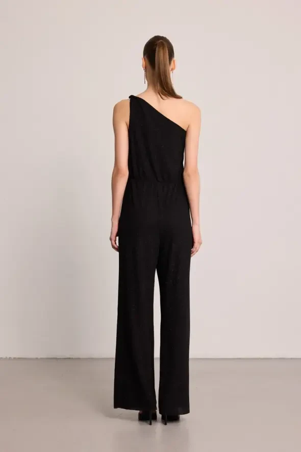 One-Shoulder Glitter Jumpsuit - Black - 5