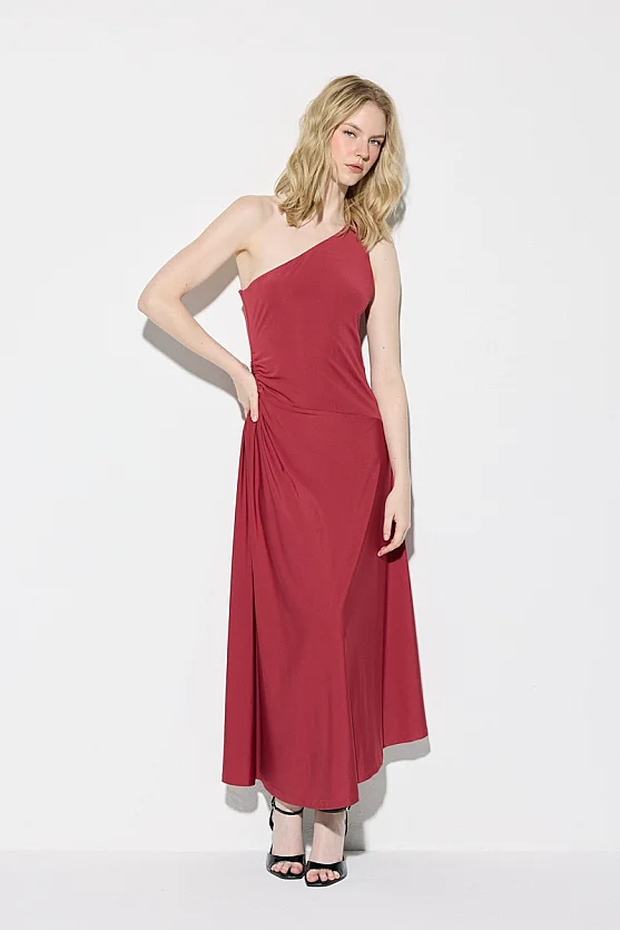 One-Shoulder Maxi Knit Dress - Brick Red - Gusto