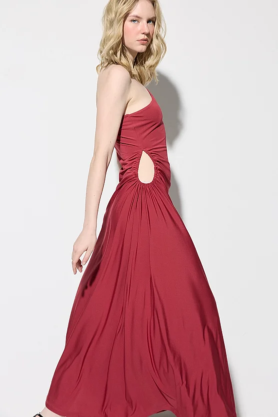One-Shoulder Maxi Knit Dress - Brick Red - 5