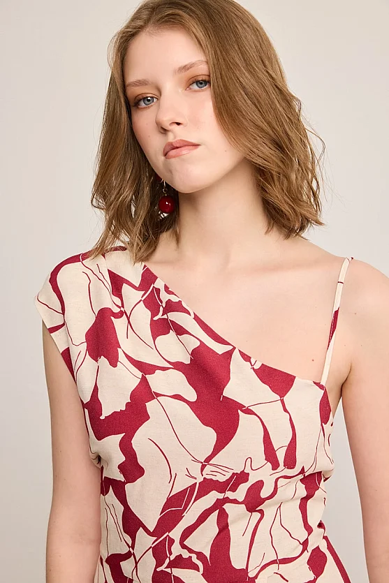 One-Shoulder Patterned Linen Dress - Burgundy - 3