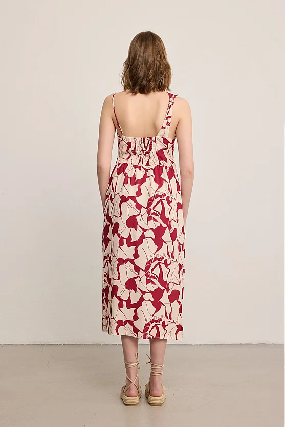One-Shoulder Patterned Linen Dress - Burgundy - 5