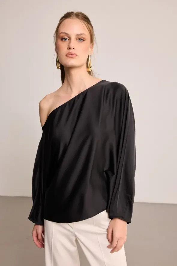 One-Shoulder Satin Blouse - Black - 1