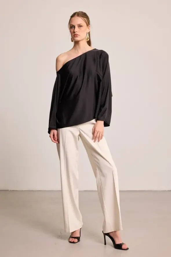 One-Shoulder Satin Blouse - Black - 2