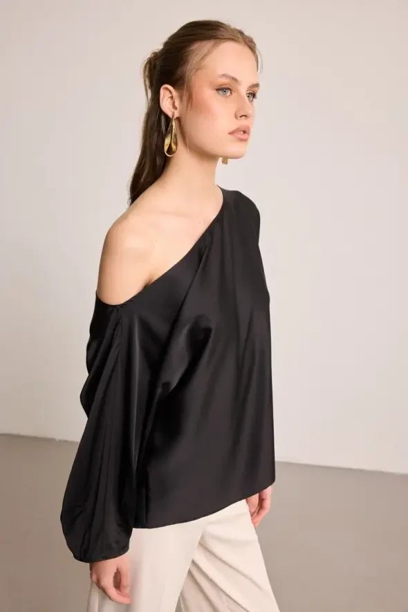 One-Shoulder Satin Blouse - Black - 3