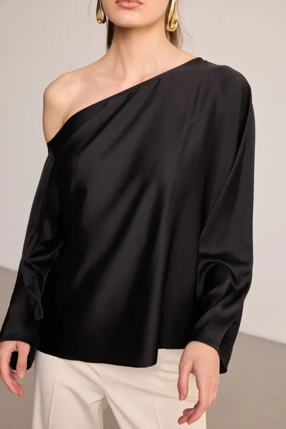 One-Shoulder Satin Blouse - Black - 4