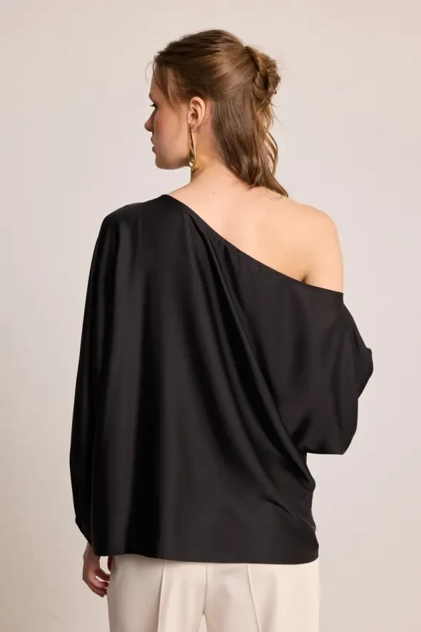 One-Shoulder Satin Blouse - Black - 6