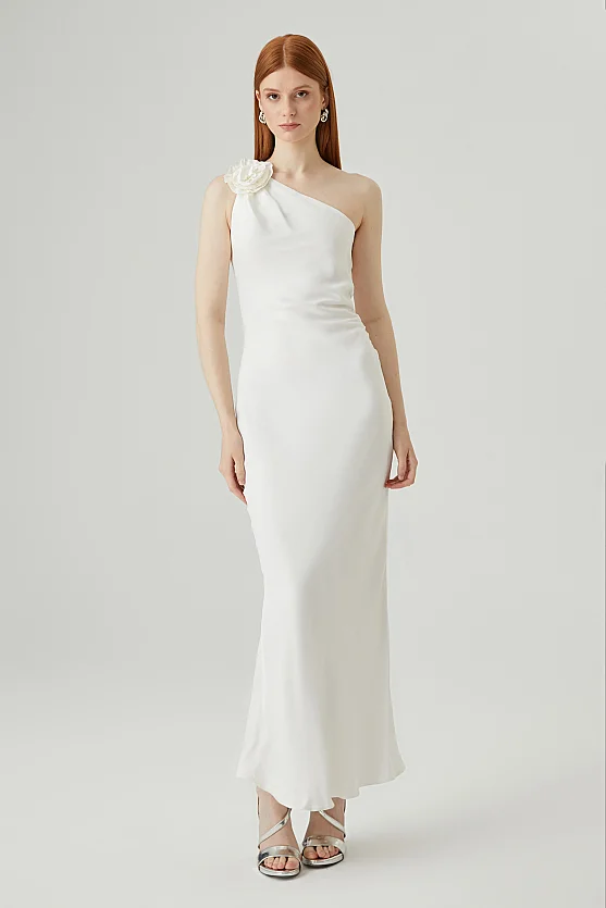 One-Shoulder Satin Dress with Rose Brooch - Ecru - Gusto