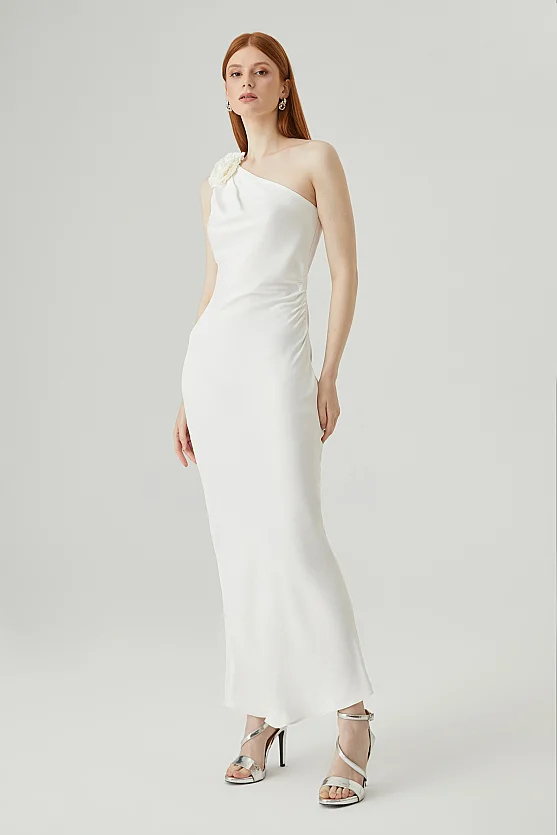 One-Shoulder Satin Dress with Rose Brooch - Ecru - Gusto
