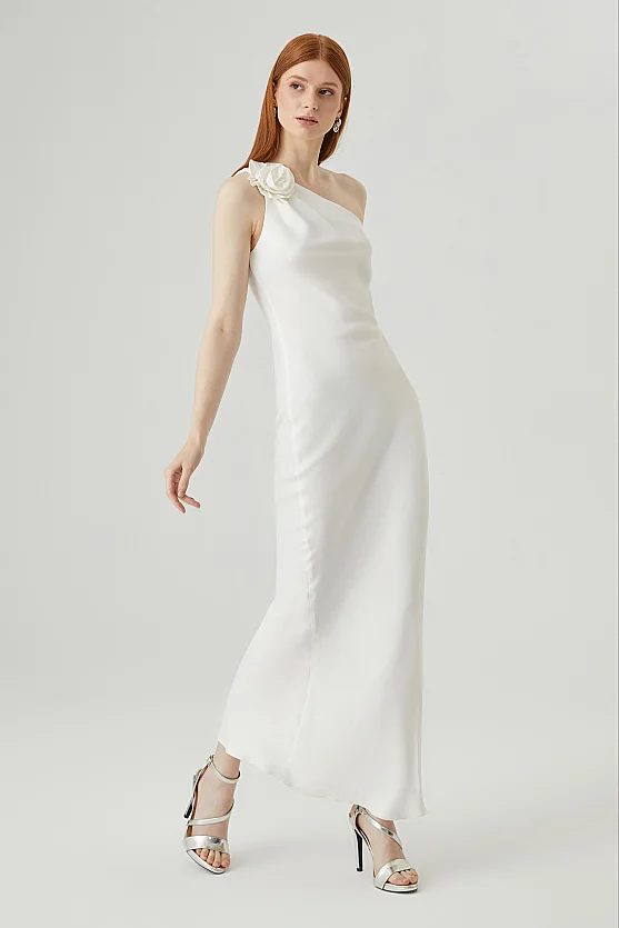 One-Shoulder Satin Dress with Rose Brooch - Ecru - Gusto