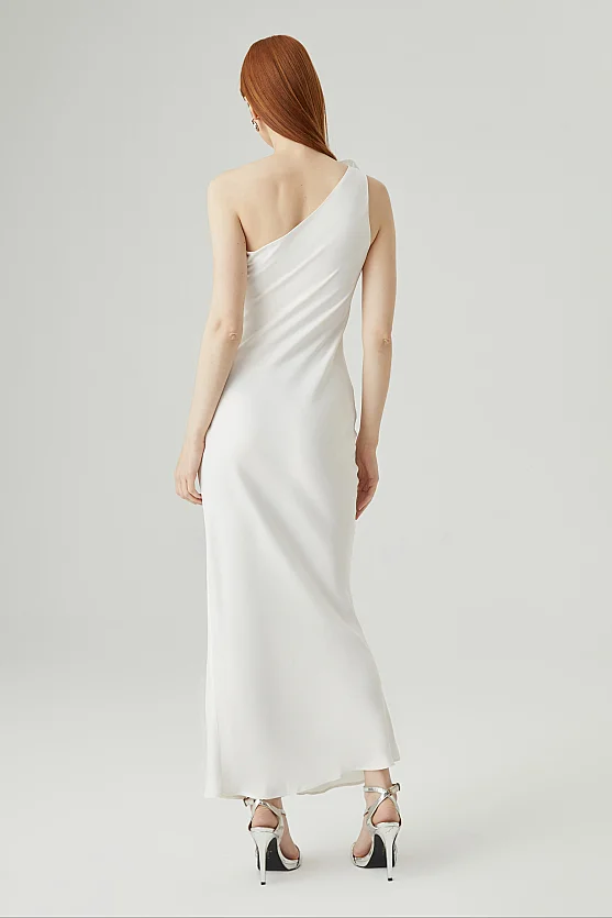 One-Shoulder Satin Dress with Rose Brooch - Ecru - Gusto