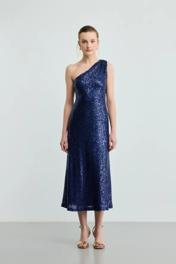 One-Shoulder Sequin Evening Dress - Navy Blue - 1