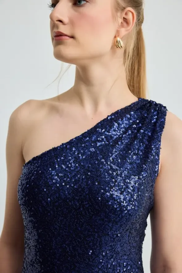 One-Shoulder Sequin Evening Dress - Navy Blue - 4