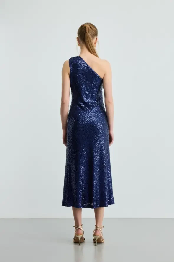 One-Shoulder Sequin Evening Dress - Navy Blue - 5