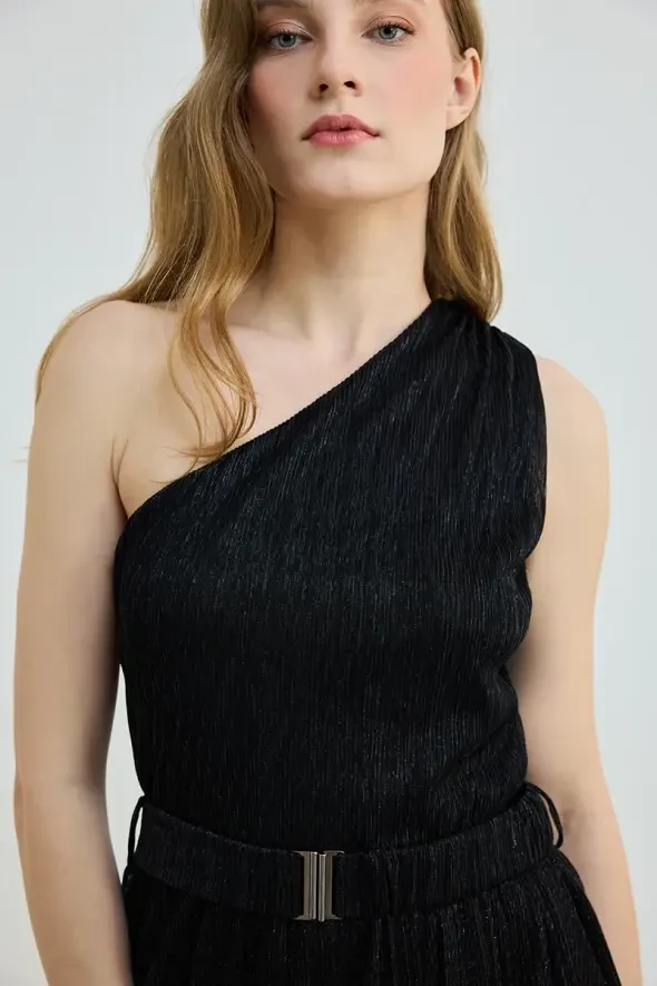 One Shoulder Tiered Belted Evening Dress - Black - 3
