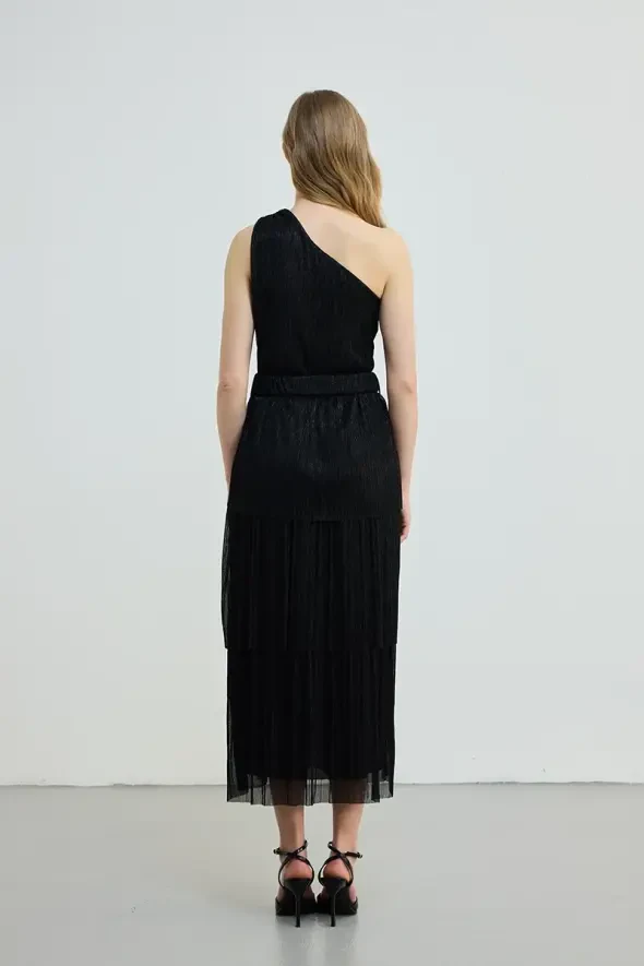 One Shoulder Tiered Belted Evening Dress - Black - 4