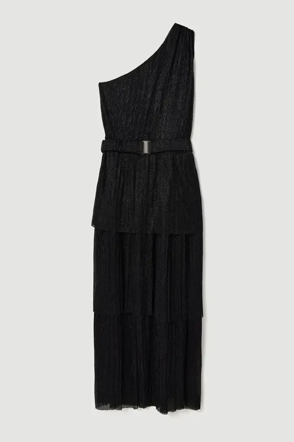 One Shoulder Tiered Belted Evening Dress - Black - 5