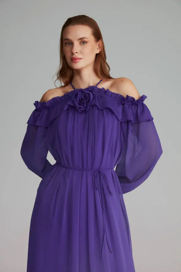 Open Shoulder Rose Embellished Long Evening Dress - Purple - 2