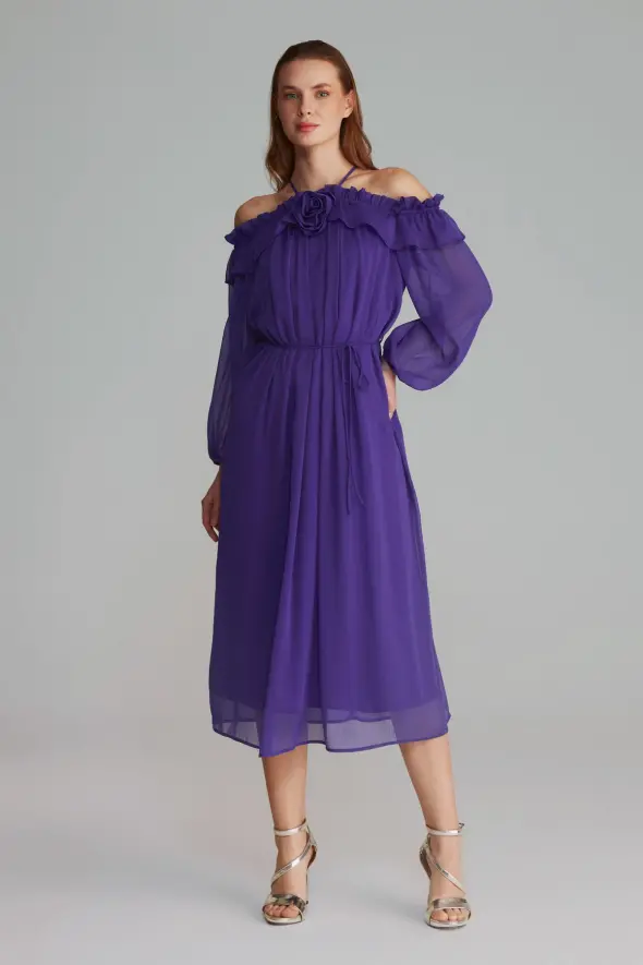 Open Shoulder Rose Embellished Long Evening Dress - Purple - 3