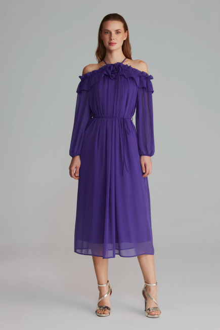 Open Shoulder Rose Embellished Long Evening Dress - Purple Purple