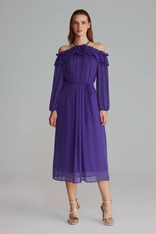 Open Shoulder Rose Embellished Long Evening Dress - Purple - 1
