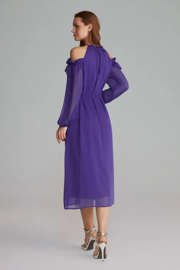 Open Shoulder Rose Embellished Long Evening Dress - Purple - 6