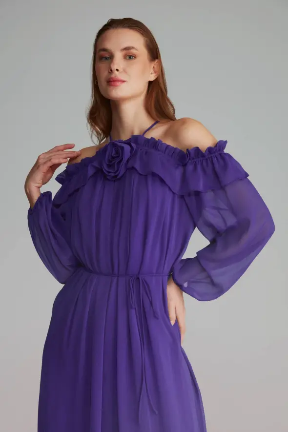 Open Shoulder Rose Embellished Long Evening Dress - Purple - 4