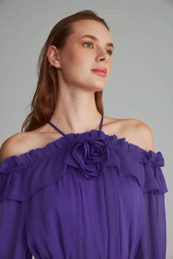 Open Shoulder Rose Embellished Long Evening Dress - Purple - 5