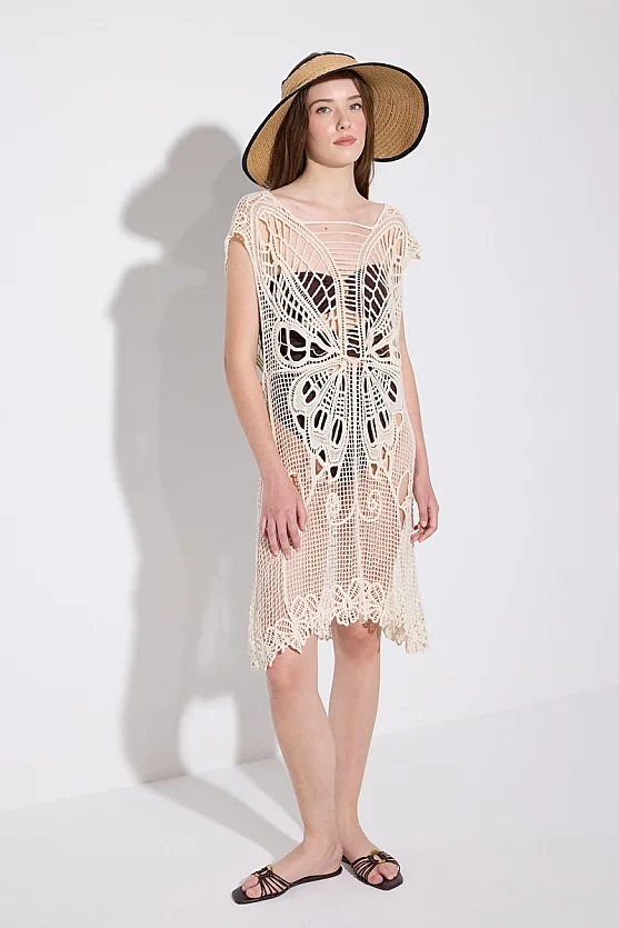 Openwork Butterfly Motif Cotton Beach Dress - Beige - Gusto