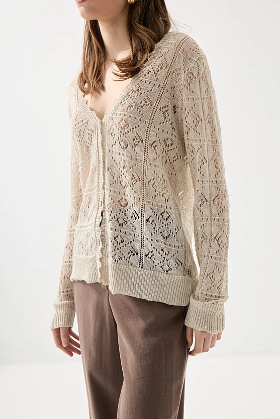 Openwork Knit Long Sleeve Cardigan - Stone - 5