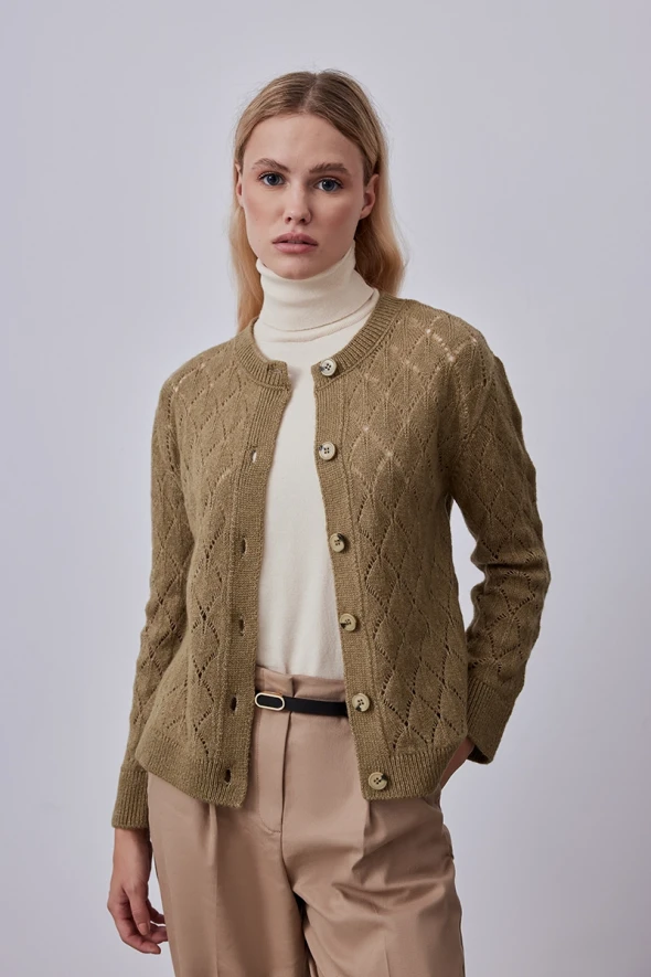 Openwork Knitwear Cardigan - Khaki - 3