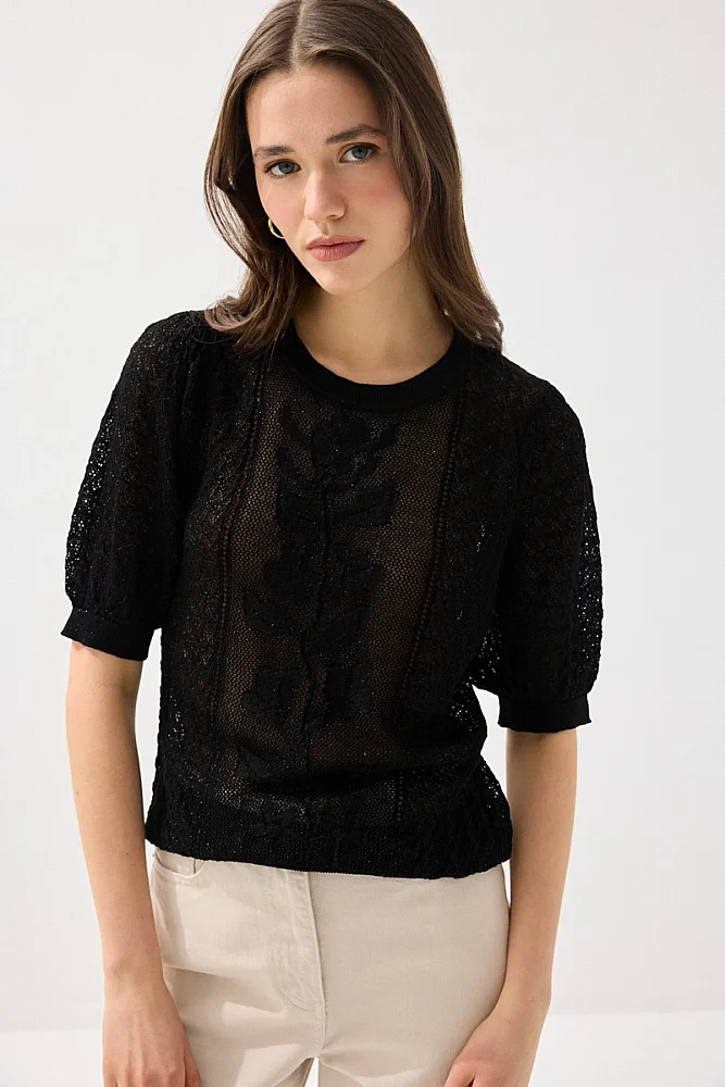 Openwork Short Sleeve Viscose Knit Blouse - Black Black