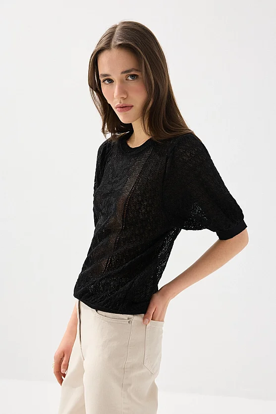 Openwork Short Sleeve Viscose Knit Blouse - Black - 3