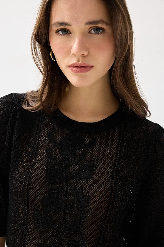 Openwork Short Sleeve Viscose Knit Blouse - Black - Gusto