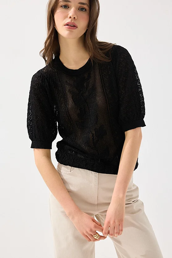 Openwork Short Sleeve Viscose Knit Blouse - Black - Gusto