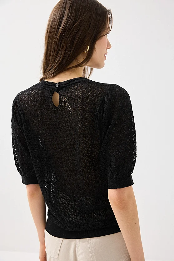 Openwork Short Sleeve Viscose Knit Blouse - Black - Gusto