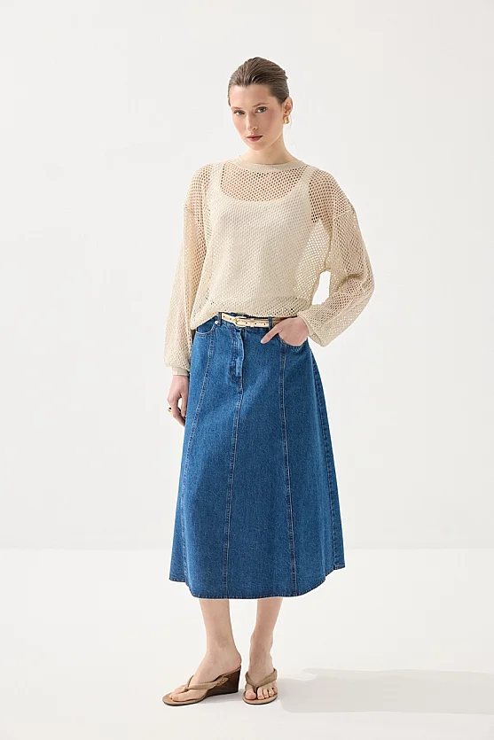 Openwork Viscose Knit Blouse - Beige - 2
