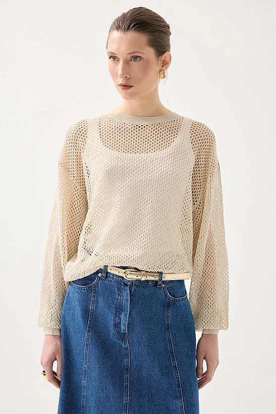 Openwork Viscose Knit Blouse - Beige - 1