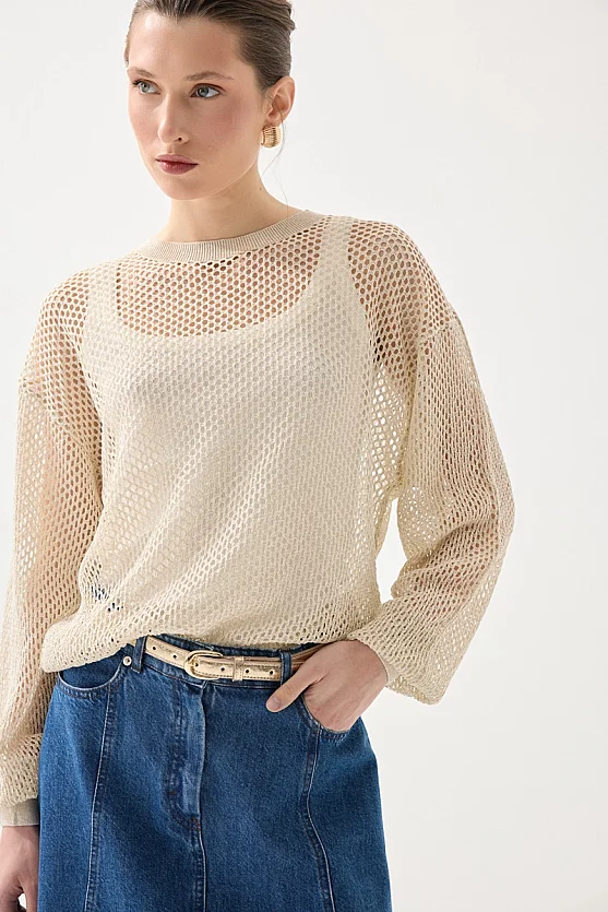 Openwork Viscose Knit Blouse - Beige - 3