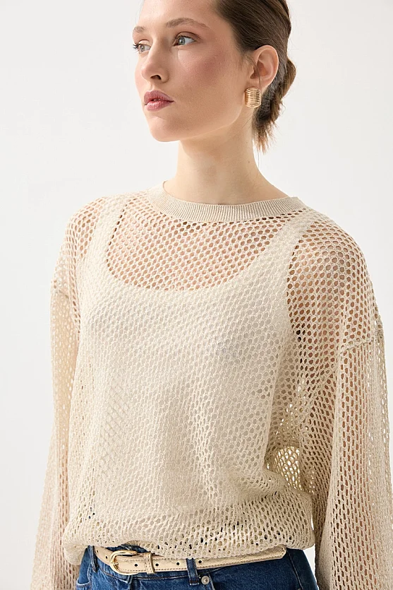 Openwork Viscose Knit Blouse - Beige - Gusto
