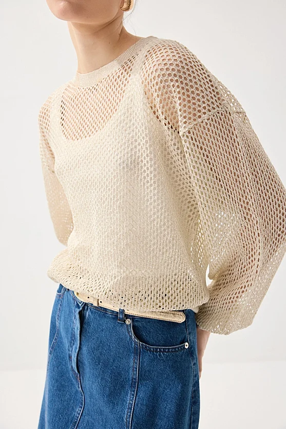 Openwork Viscose Knit Blouse - Beige - Gusto