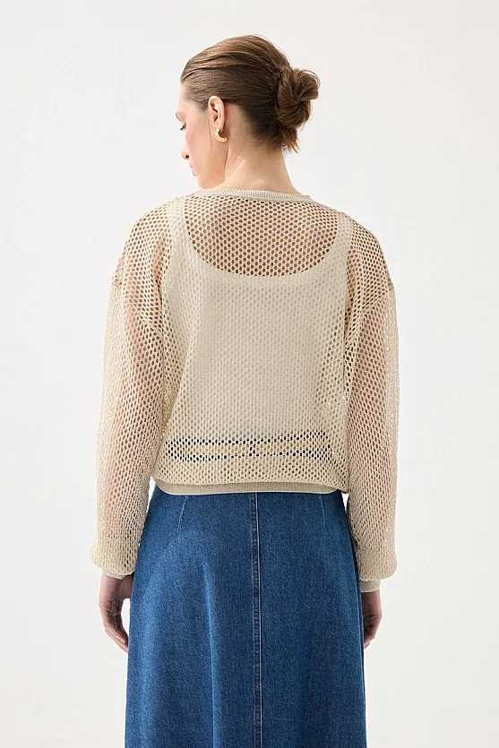 Openwork Viscose Knit Blouse - Beige - 7