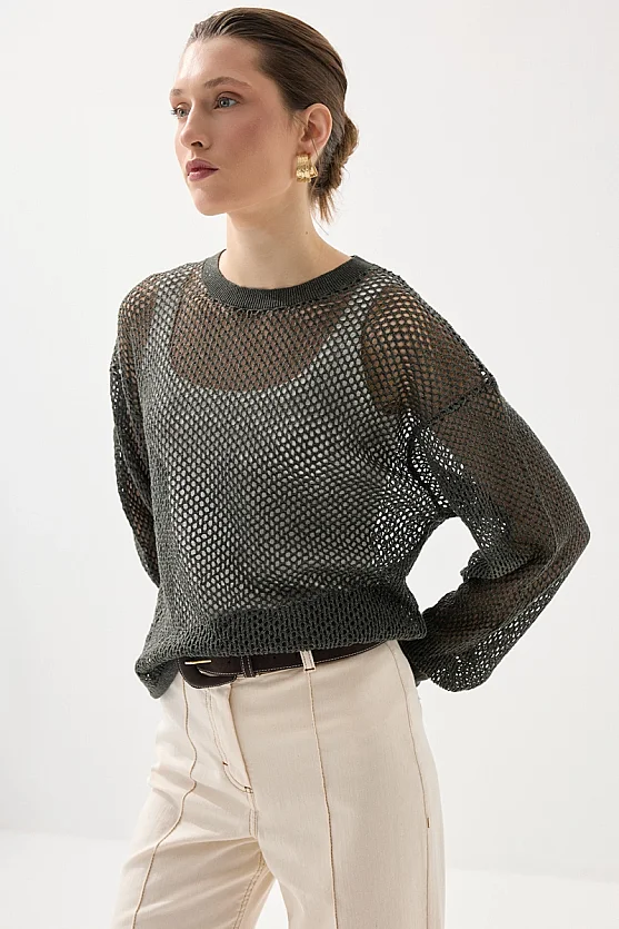 Openwork Viscose Knit Blouse - Green - 1