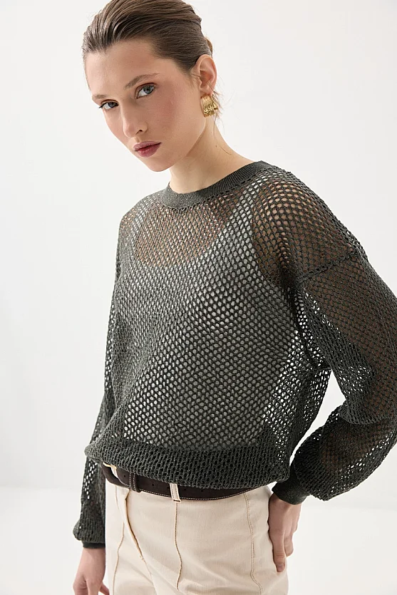 Openwork Viscose Knit Blouse - Green - 4