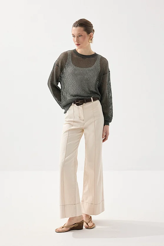 Openwork Viscose Knit Blouse - Green - 6