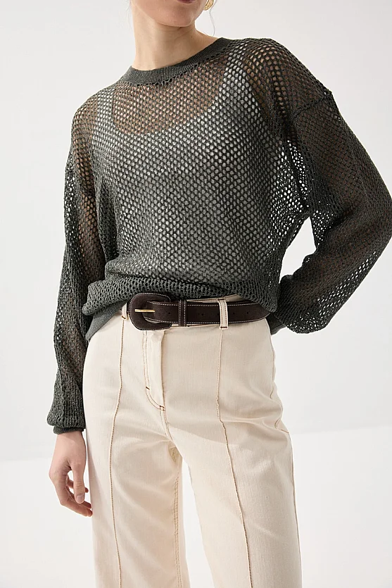 Openwork Viscose Knit Blouse - Green - 3